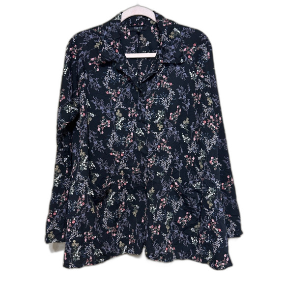 Comfy USA Button Up Blouse Tunic Womens Medium Black Floral Oversized Pockets - Picture 1 of 7